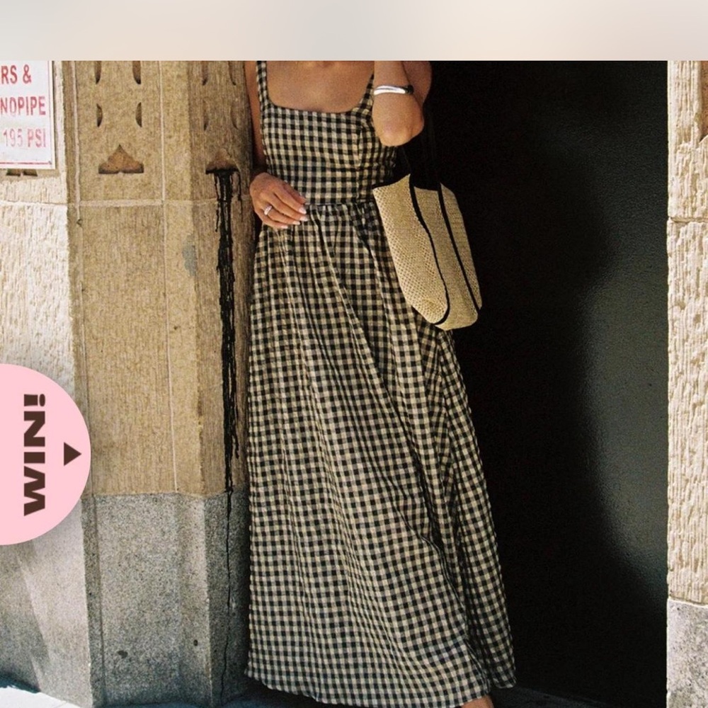 Princess Polly tan and black gingham dress